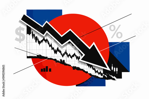 A black and white retro stock market chart with a sharply falling line graph, bold downward arrow cutting through the composition, realistic cut-out style with