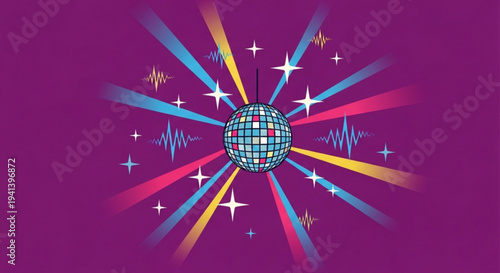 Vibrant disco ball with colorful rays and sparkles on purple background symbolizing fun and celebration
