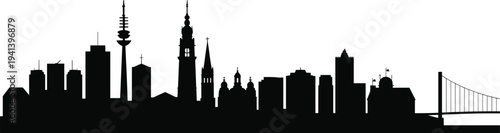 Hamburg Germany City Skyline Silhouette Vector Illustration Featuring Landmarks Like Heinrich Hertz Tower St Michaels Church and Kohlbrand Bridge over Elbe
