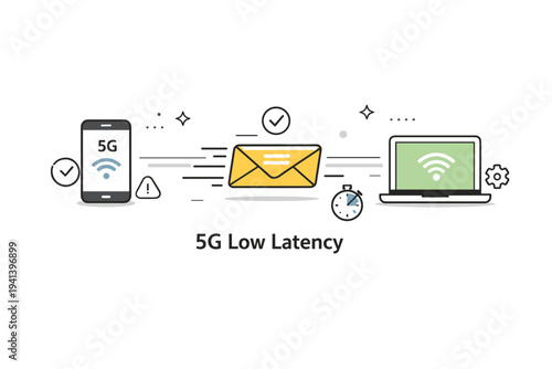 5G low latency. A data packet traveling quickly along a short, direct path between devices, with minimal delays indicated by simple icons. A focused scene