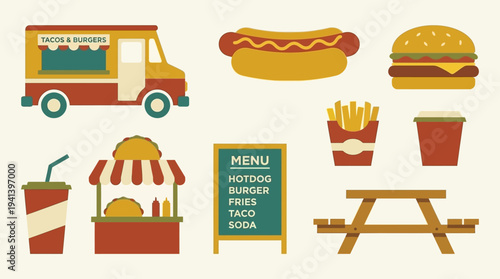 Fast Food Icons: Burger, Fries, Hotdog, Taco, Soda