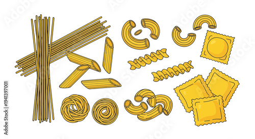 Assorted Dry Pasta Shapes Collection - Spaghetti, Penne, Fusilli, Macaroni, Ravioli