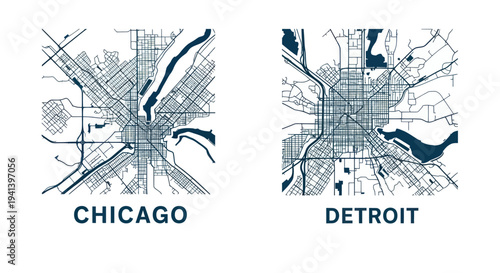 Chicago and Detroit City Map Illustrations - Urban Grid and Waterways
