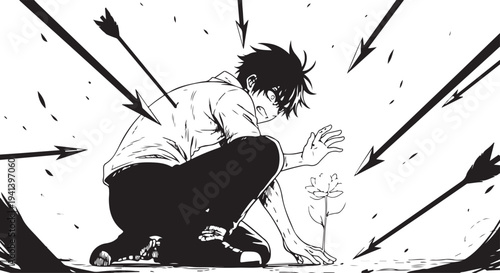 Vector illustration of a man crouching with a flower surrounded by arrows