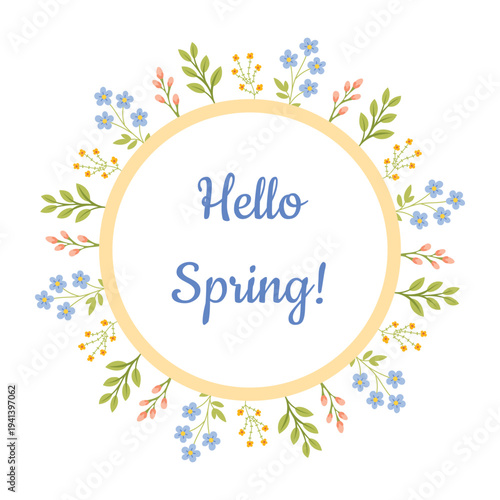 Round spring frame with wild flower wreath and greeting message