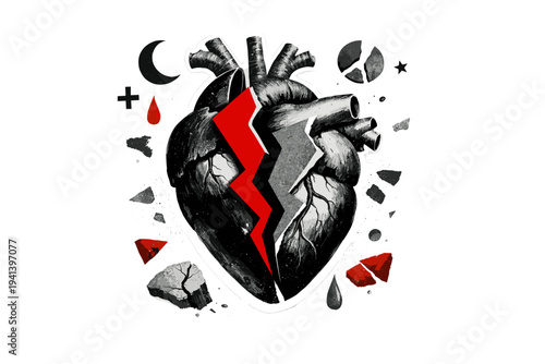A surreal broken heart illustration with a black and white anatomical heart partially obscured by a bold geometric crack shape, retro photographic look, accent