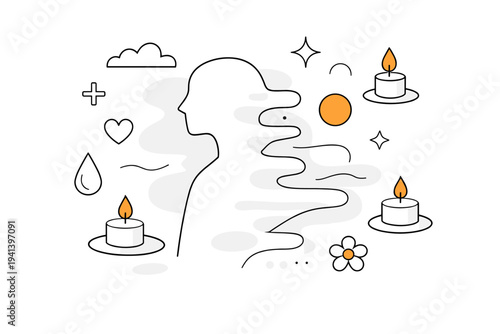 Remembrance. Abstract human silhouette fading into soft shapes, a calm and quiet atmosphere of reflection. Floating candles and light symbols express memory