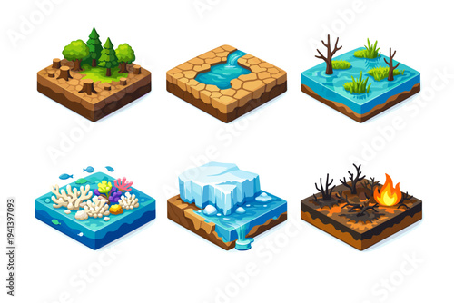 HabitatChange. Isometric flat vector icons set of habitat change: shrinking forest patch, drying riverbed, flooded wetland area, coral bleaching reef, melting