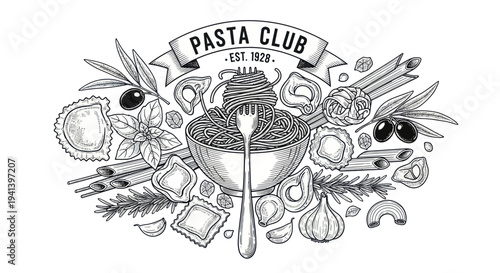 Hand-drawn Italian Pasta Assortment with Olive Branches and Herbs