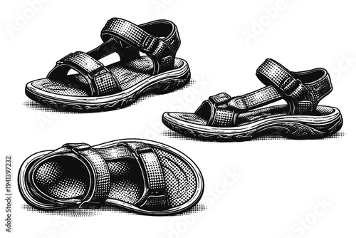 Shoes ? realistic sandal with straps and open structure. Black and white dot style with halftone texture and high contrast. Halftone texture with partial solid