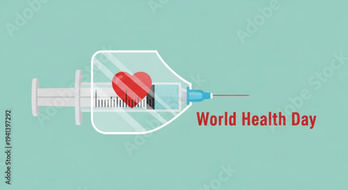 World health day concept with syringe and heart symbol on green background for healthcare and wellness campaigns