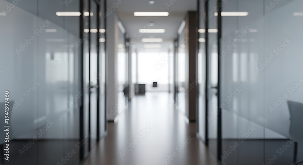 Fototapeta premium Modern office interior with glass partitions and empty corridor, corporate workspace with natural light