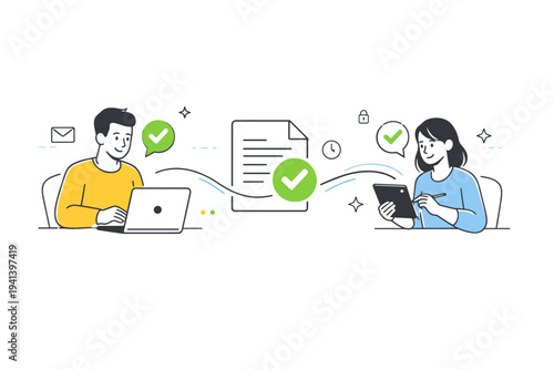 Approval and signing workflows. Two people approving a document from different devices, connected by a smooth flow line. Sense of collaboration, trust, and