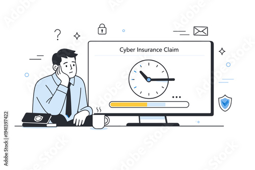 Cyber insurance claim delay. Worker waiting while a progress bar or clock icon moves slowly on a screen, calm but frustrated mood. Scene communicates time loss