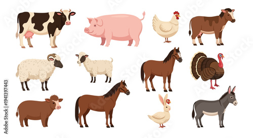 Farm animals illustration cow pig chicken horse sheep goat and others