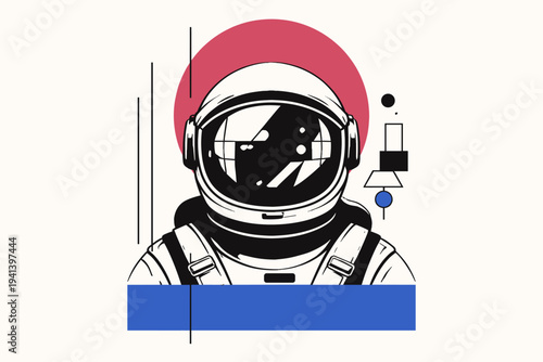 Black and white frontal astronaut portrait with helmet reflection simplified into flat shapes, deep rose circular accent intersecting the upper composition,