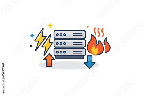 Energy efficiency challenge in modern data centers conveying excess heat and power load, shown through a server block surrounded by lightning and heat symbols