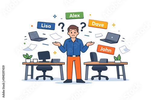 Desk hoteling chaos capturing confusion in a shared office, shown through a worker standing between identical desks with floating name tags, laptops, and