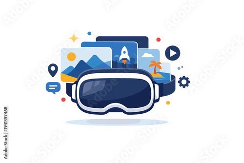 Immersive virtual technology represented by a VR headset with layered visual frames and small interface icons to suggest simulated environments and digital