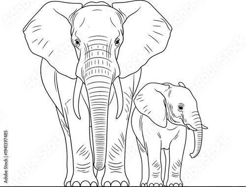 A large elephant and a small elephant standing together