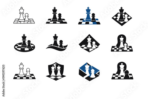 Chess sections for strategic thinking. Icon set. Set Logo of Chess sections for strategic thinking: endgame mastery. harmonious logo variations of the same