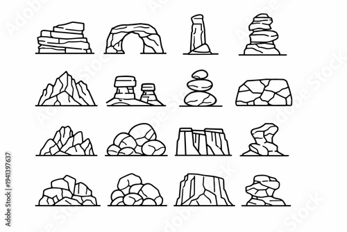 Rock formations. Line icon set of Rock formations: layered rock cliff, rock arch, stone pillar, eroded rock stack, mountain rock face, desert rock formation,
