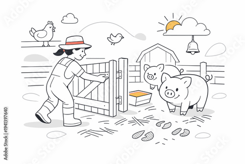 Country Farm Life. Pigsty gate opening inward, straw and hoof-print shapes on the ground, welcoming and simple mood. Everyday rhythm of farm work expressed