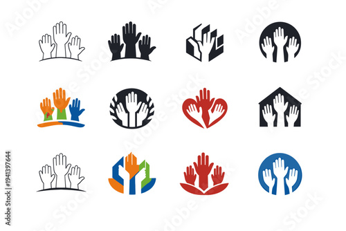 Civic engagement. Icon set. Set Logo of Civic engagement: raised hands community. harmonious logo variations of the same emblematic concept, each