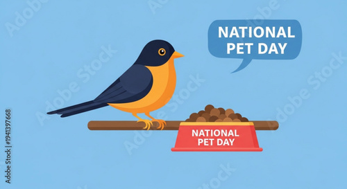 Bird perched on pet food bowl celebrating national pet day with colorful illustration