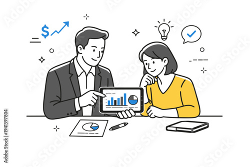 Business consulting meeting. A consultant and a client sitting together reviewing financial charts on a tablet. Calm professional discussion, trust, focused