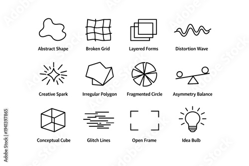 Experimental Art. Line icon set of Experimental Art: abstract shape, broken grid, layered forms, distortion wave, creative spark, irregular polygon, fragmented
