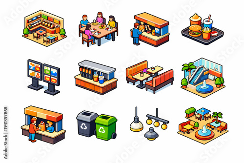 Mall food court. Colorful isometric vector icons set of Mall food court: food court interior, shared dining tables, people eating, fast food counter, food