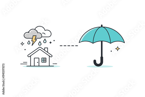 Climate risk coverage gap. A house icon exposed to storm clouds while an insurance umbrella stops short. Symbolic protection failure, abstract and