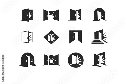 Life-altering realization. Icon set. Set Logo of life-altering realization: door opening to light. harmonious logo variations of the same emblematic concept,