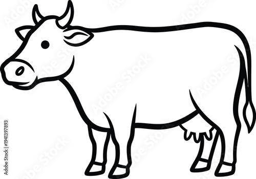 A black and white line drawing of a cow