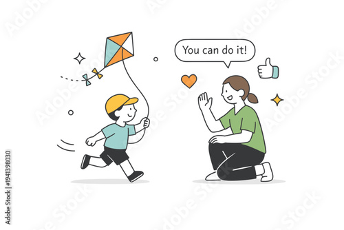 Child learning to fly a kite. A small figure running gently while holding a kite string, with supportive adult nearby and simple encouragement symbols. The
