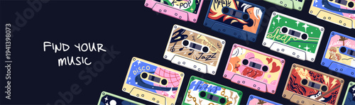 Design of banner with different audio cassettes. Template with vintage mix tapes with various music. Layout with retro mixtapes, old audiocassettes, reels with songs. Flat vector illustration