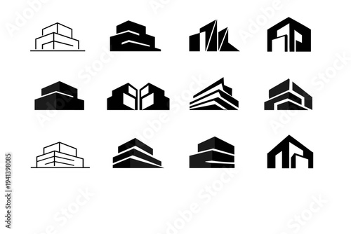 architectural lines. Icon set. Set Logo of architectural lines: modern building facade. harmonious logo variations of the same emblematic concept, each with