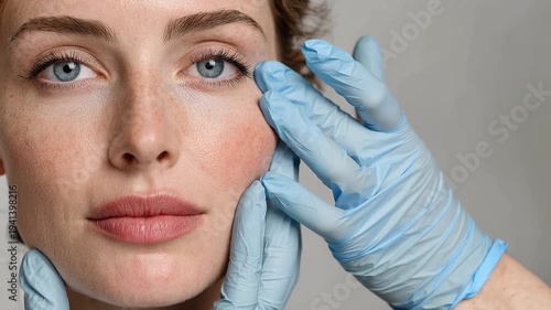 Woman with skin condition on cheek receives examination from medical professional in a clinical setting