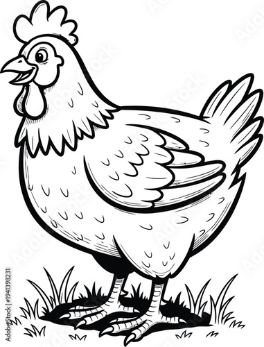 A black and white illustration of a chicken standing in grass