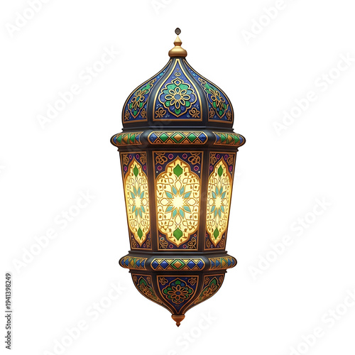 Colorful mosaic lantern with intricate patterns isolated on transparent background