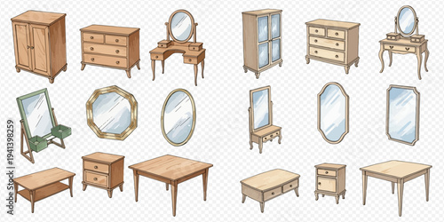 Set of various wooden furniture pieces including wardrobes, dressers, tables, and mirrors on a transparent background.