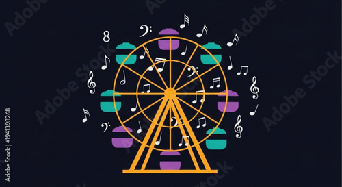 Vibrant ferris wheel with colorful seats and musical notes on a dark background symbolizing fun and joy at an amusement park or carnival at night