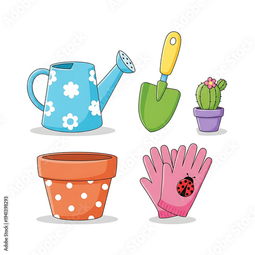 Colorful gardening tools and cactus plants isolated on transparent background