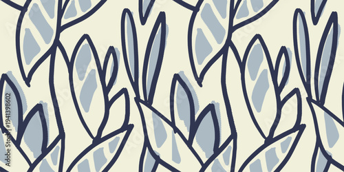 Seamless botanical pattern with stylized leaves in navy outlines and soft blue fills on a warm beige background. Modern abstract nature design for fabric, wallpaper, and decor