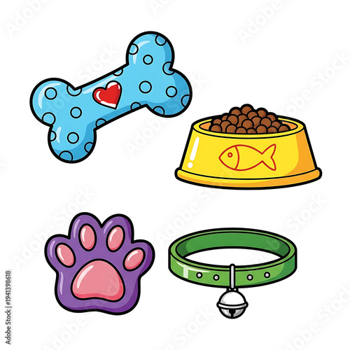 Cute pet items dog bone paw print collar bowl isolated on transparent background