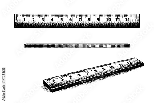 Ruler measurement tool, a realistic straight ruler shown in top view, side profile, and angled perspective as three object views with accurate markings and