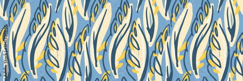 Seamless abstract pattern with elongated organic leaves and flowing shapes in blue, beige and yellow tones. Bold modern texture for textile, wallpaper, packaging and branding