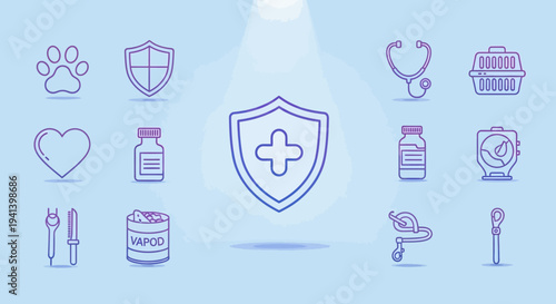 Medical icons health safety and pet care symbols on light blue background