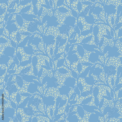 Seamless vector with dotted botanical branches on blue background. Abstract organic texture with scattered circles. Ideal for textile, wallpaper, packaging, fabric and decor